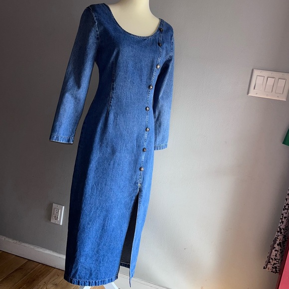 Vintage Dresses & Skirts - Vintage 80’s Denim Midi Dress Switch USA Long Sleeves